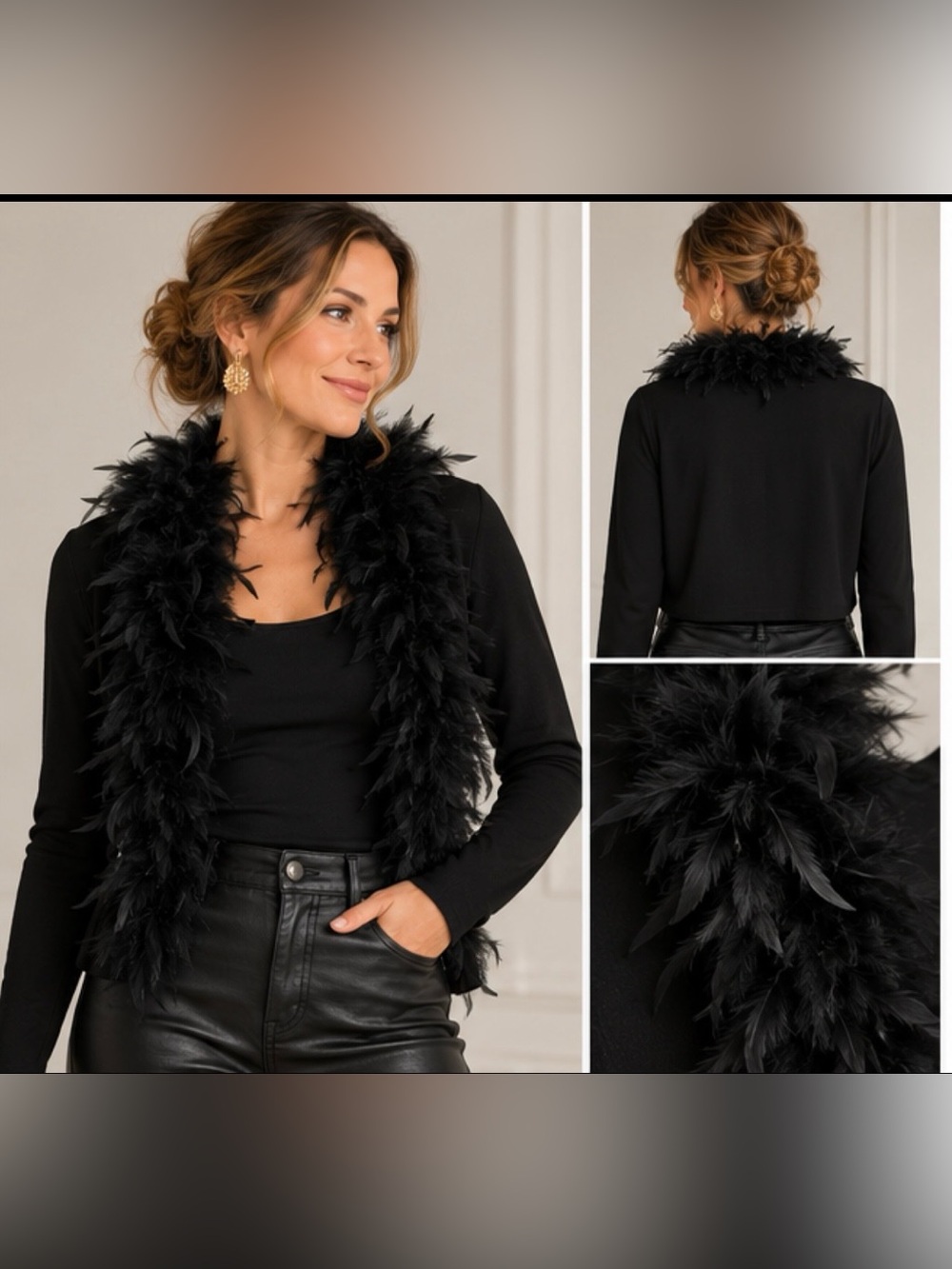 Boston Proper Black Feather-Trim Cropped Shrug
